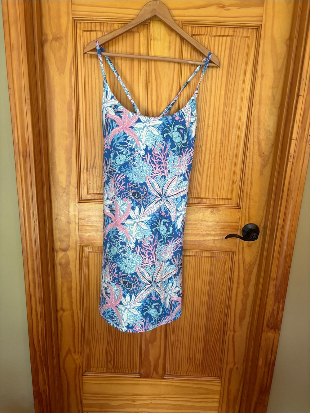 Simply Southern Blue Slip Dress with Pink and White Starfish Print